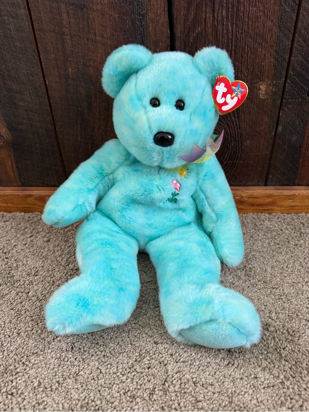 NWT- Ty Beanie Buddy Blue Plush Teddy Bear with Embroidered Flower Detail